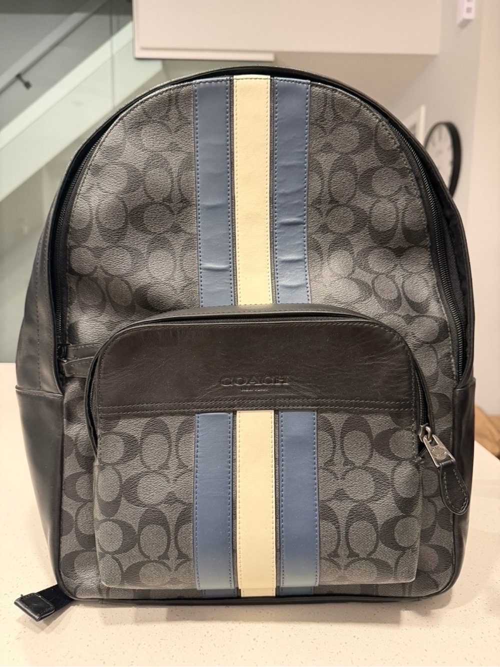 Coach Men’s Gray Signature Backpack with Blue & Cream Stripes